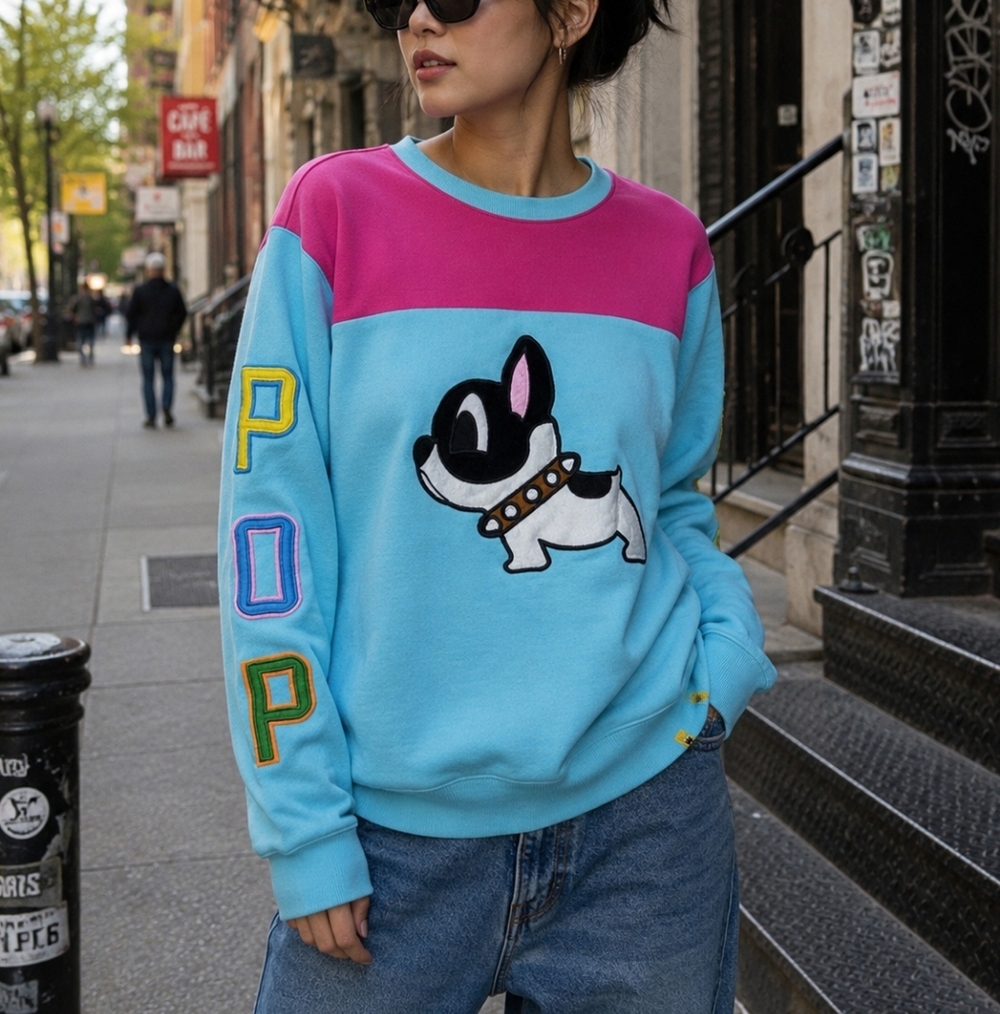 Pancoat Dog Graphic Sweatshirt Large Blue Pink Kawaii Korean Streetwear Sweater